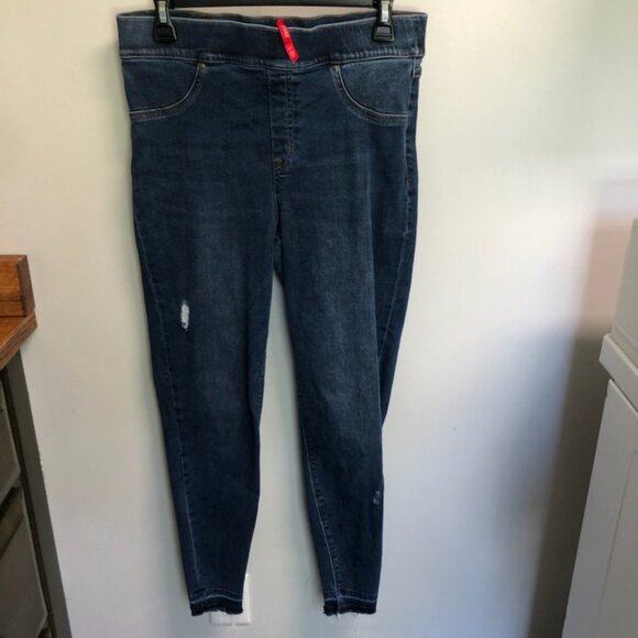 Spanx Distressed Ankle Open Hem Skinny Pullon High Rise Jeans Size Large - Picture 2 of 6